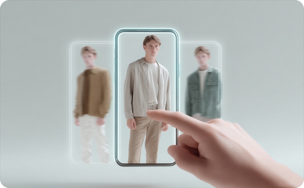 A hand clicks on a touch screen. The screen shows a man in light clothing. There are two more screens next to this screen.