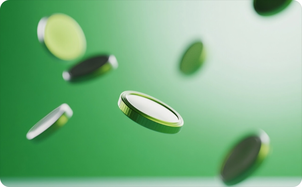 Golden coins on green background