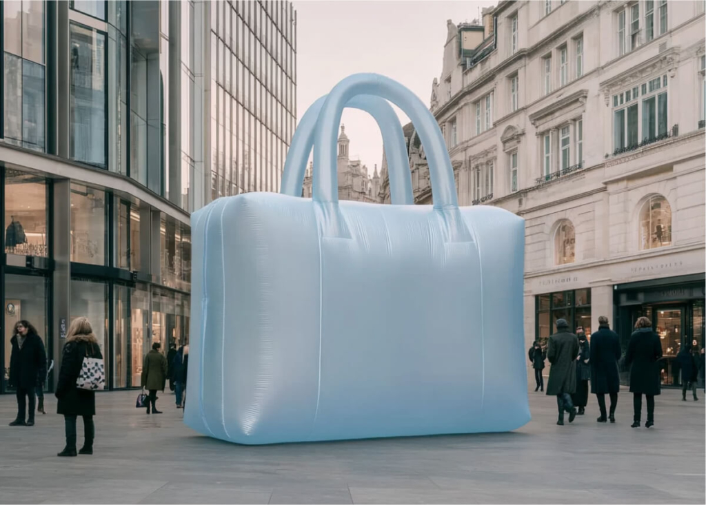 A large blue bag stands on the street among buildings and people.