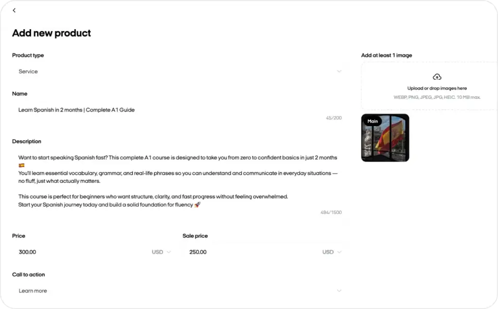 Adding new product to Zeely AI screenshot