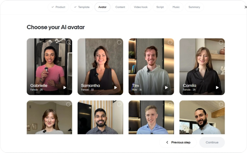 Screenshot of Zeely AI when choosing AI avatars