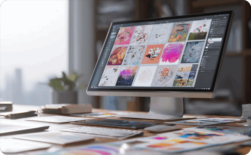 A desk with sketches on it. There is a monitor on the desk showing different pictures.