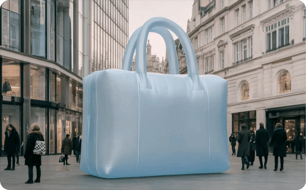 A large blue bag stands on the street among buildings and people.
