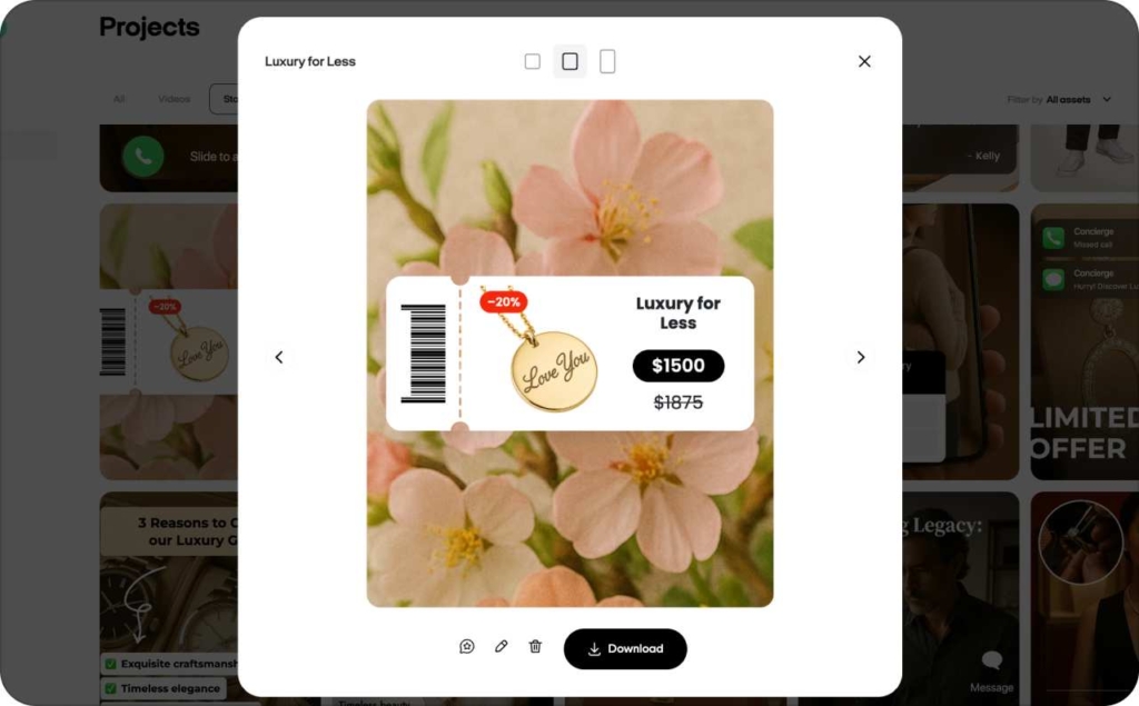 Screenshot of Zeely AI interface when downloading static ads