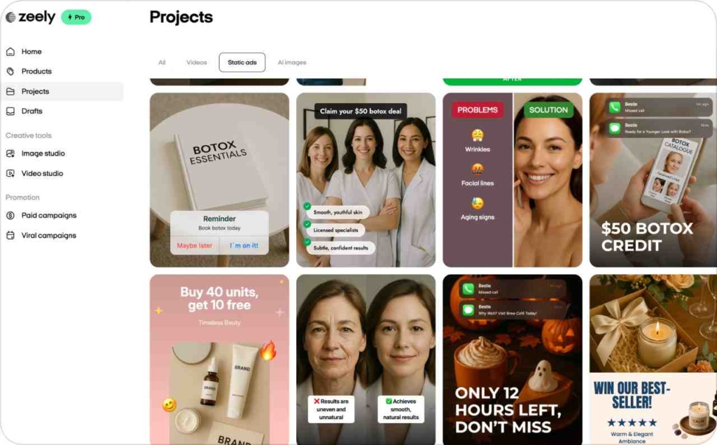 Screenshot of static studio with templates