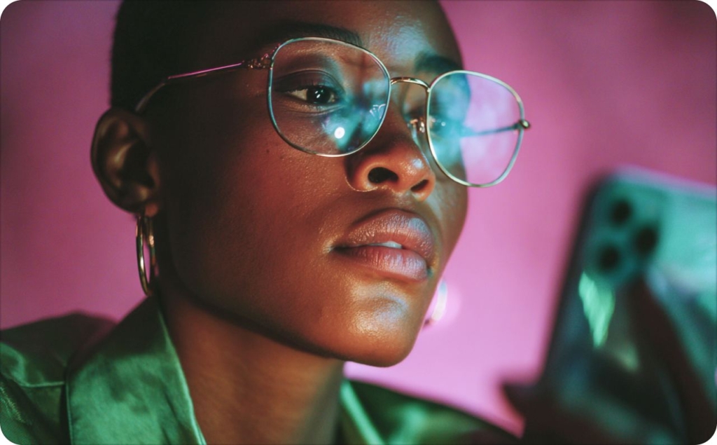 A woman in glasses watches at her phone screen