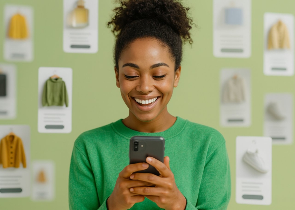 A girl in a green sweater stands on a green background and holds a phone in her hands. There are cards with pictures behind her.
