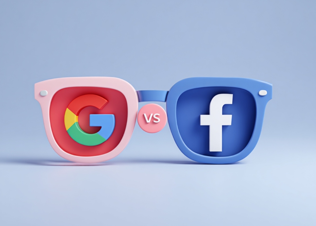 Sunglasses on a blue background. On the left lens is the Google logo on a red background, on the right lens is the Facebook logo on a blue background