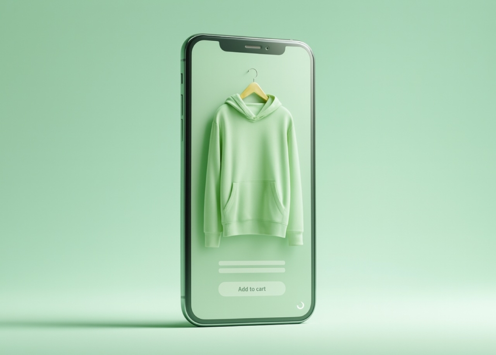 Phone with green sweater on the screen and add to cart inscription on the green background