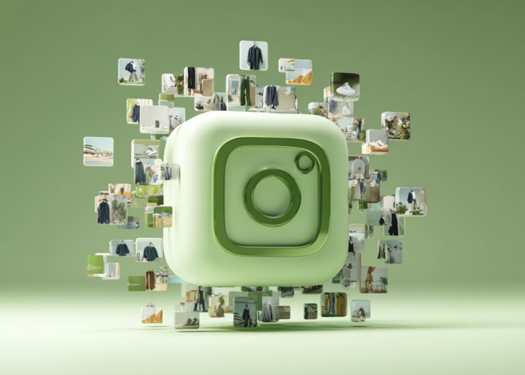 Green Instagram icon surrounded by pictures on a green background
