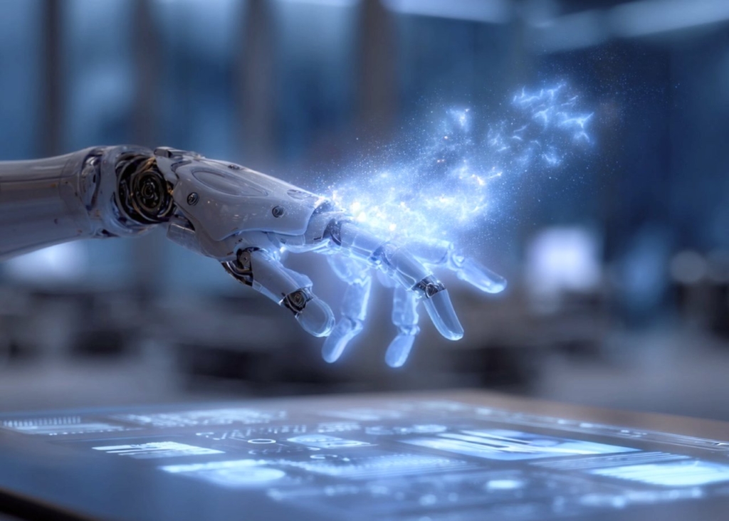 Robot hand with blue glow on blue background
