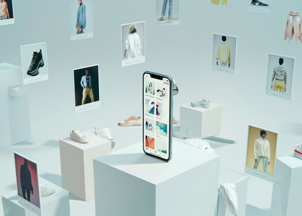 A bright room, a smartphone in the center, sneakers and photos around it