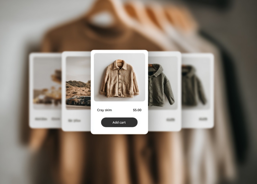 Cards with products and prices on a brown background