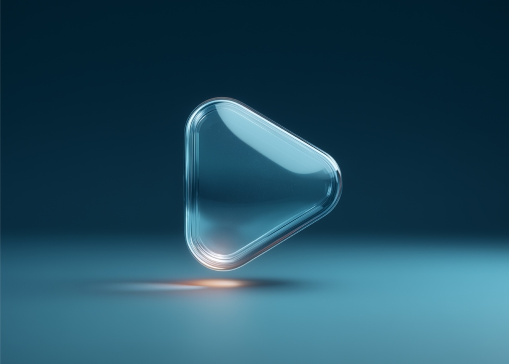 Volumetric play icon of steel shade on a blue background, under the icon there is an orange glow