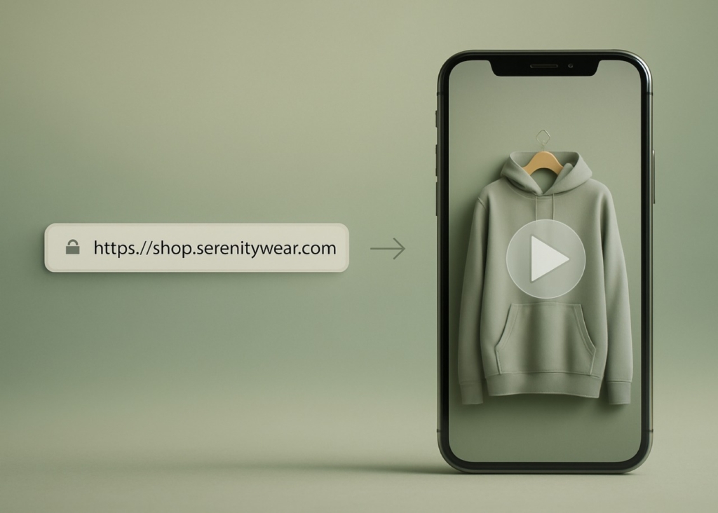 On an olive background, there is a phone screen with a sweatshirt and a play button on it. To the left of the screen is a link.