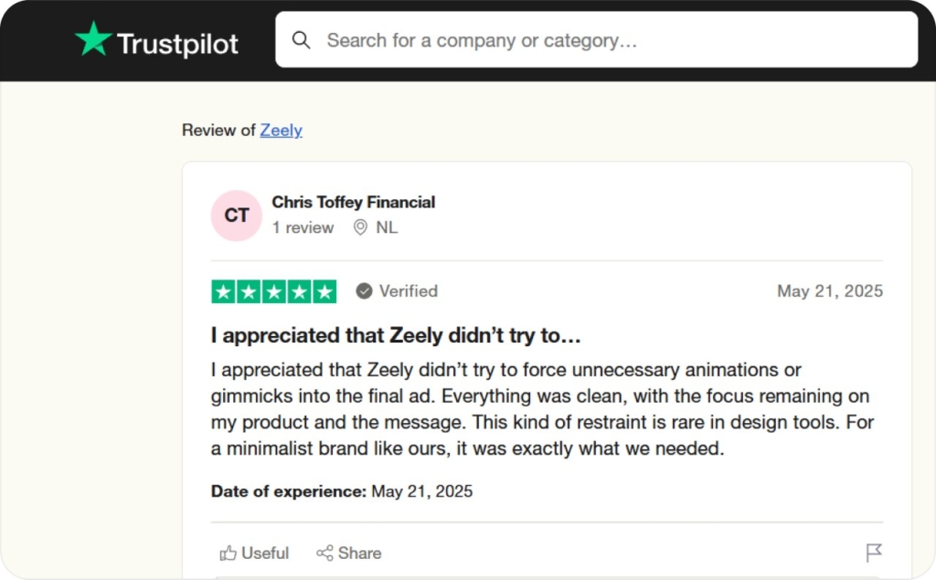 Screenshot of user's review of Zeely AI on Trustpilot