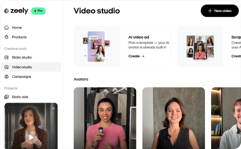 Screenshot of Zeely AI video studio