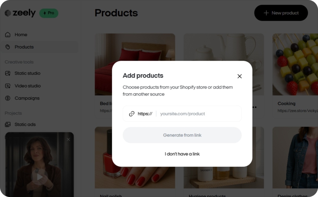 Screenshot of Zeely AI when adding products via link