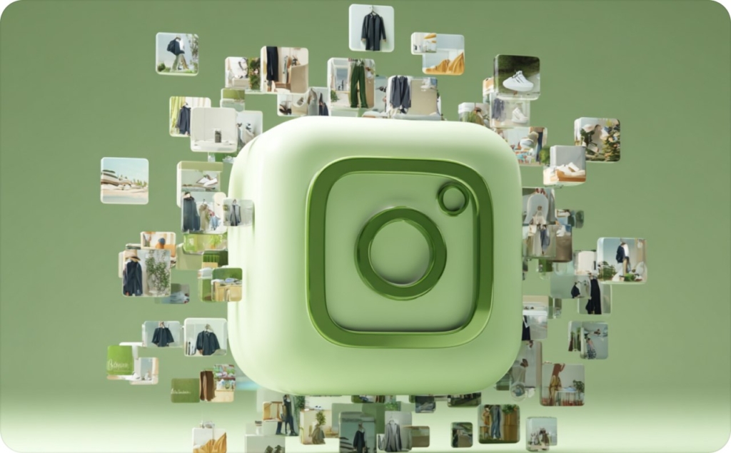 Green Instagram icon surrounded by pictures on a green background