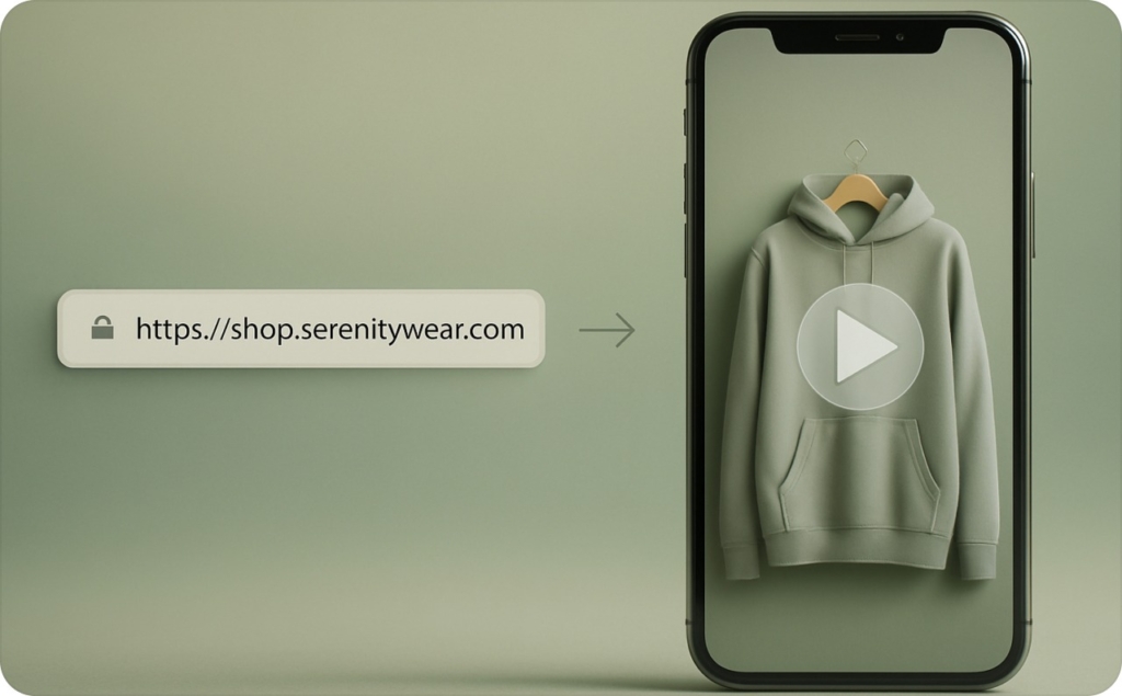 On an olive background, there is a phone screen with a sweatshirt and a play button on it. To the left of the screen is a link.