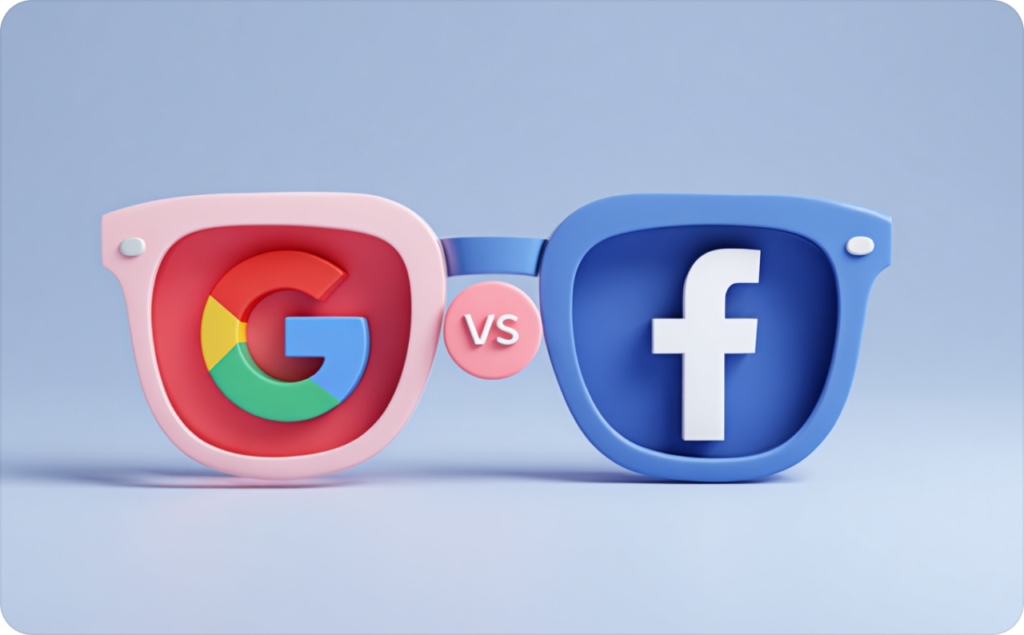 Sunglasses on a blue background. On the left lens is the Google logo on a red background, on the right lens is the Facebook logo on a blue background