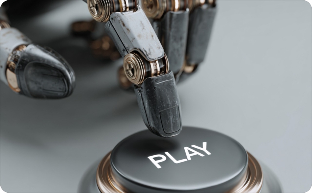 Steel-colored robot hand pressing black play button