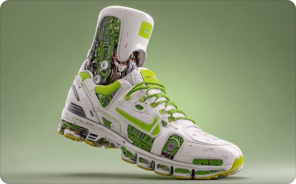 The robot white and green sneaker on green background
