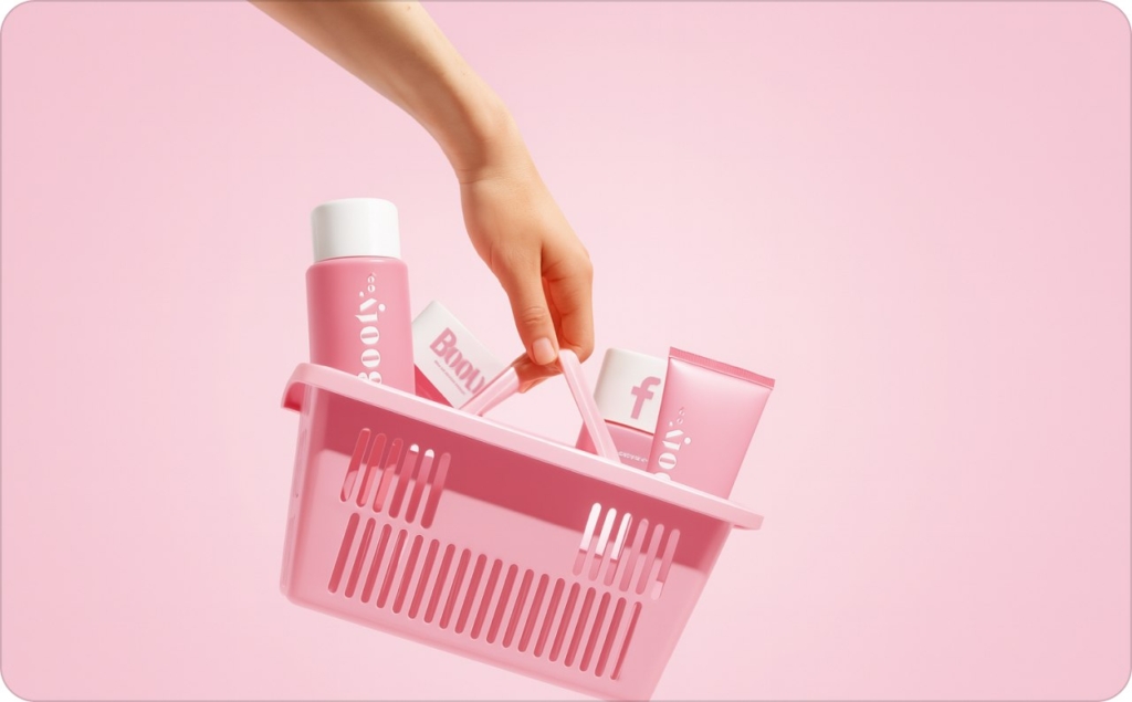 woman hand holding a pink basket of beauty product on pink background
