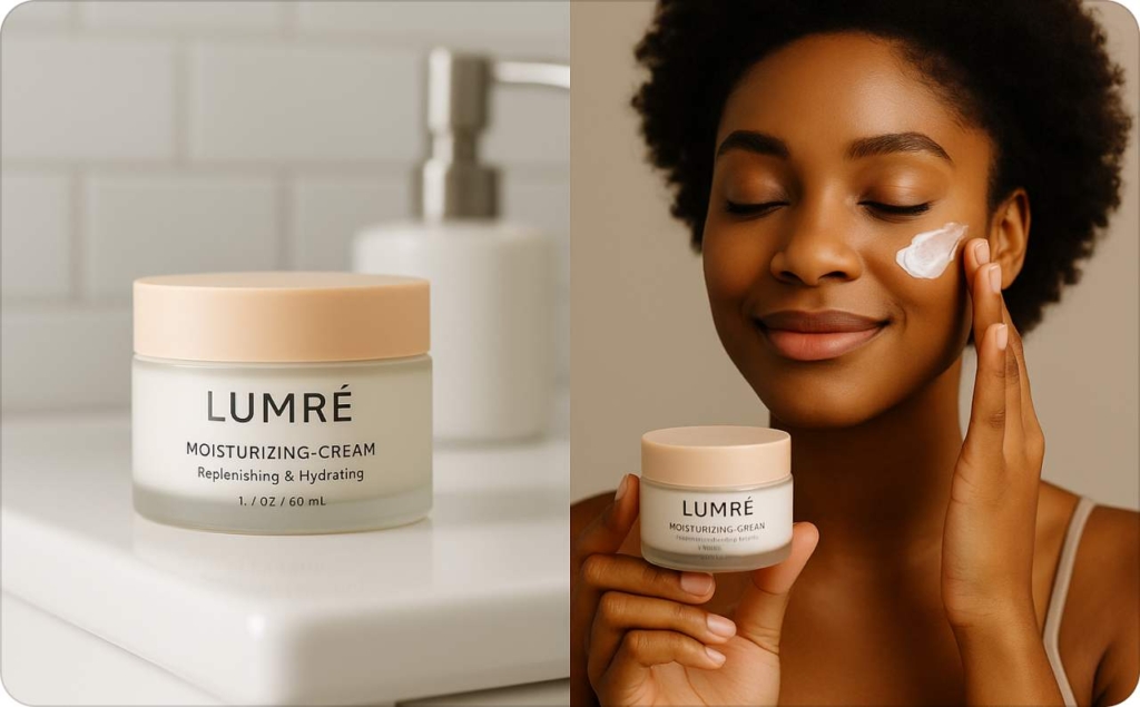 Woman putting a face cream on her face