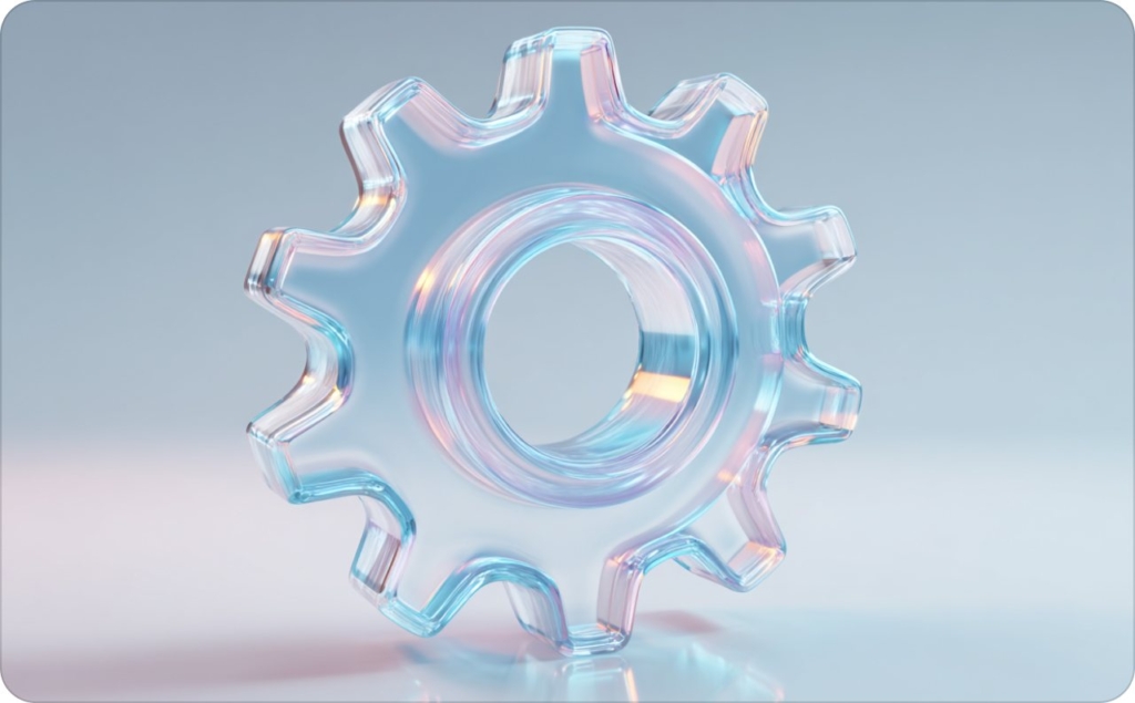 Translucent 3D gear icon with iridescent reflections on a soft gradient background
