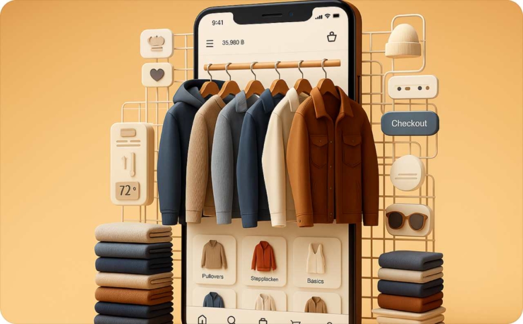 Digital clothes in the phone on the yellow background
