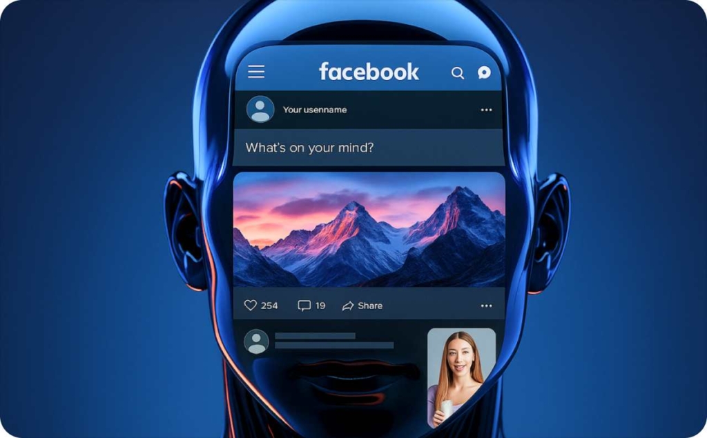 Facebook feed in the head of robot on blue background