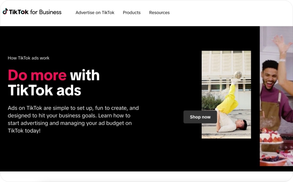 Screenshot of TikTok for business main page