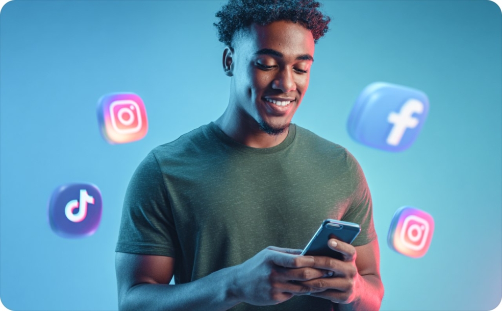The man in green t-shirt with phone in hi hands and social media icons around
