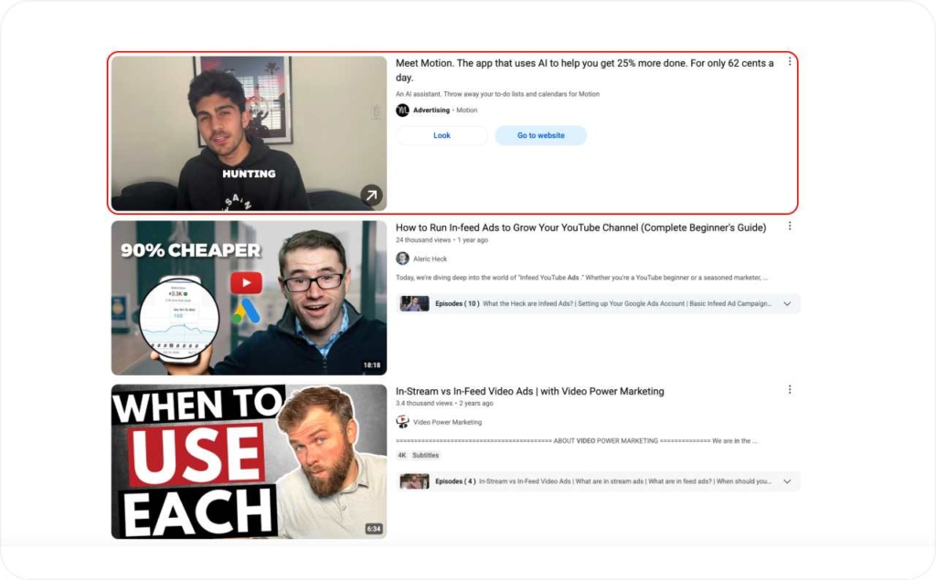 Discovery ad on Youtube example 