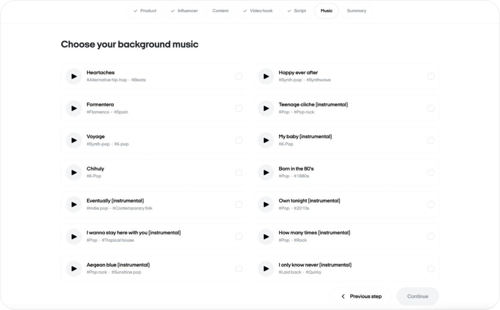 Zeely AI studio choosing background music
