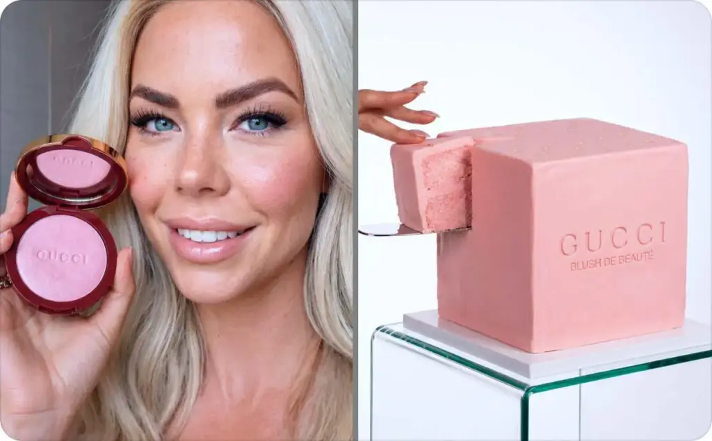 UGC ads vs traditional ads example showing a woman holding Gucci blush in a user-generated style shot next to a polished branded product display of a Gucci blush cube cake, highlighting the contrast between authentic UGC content and high-production advertising visuals