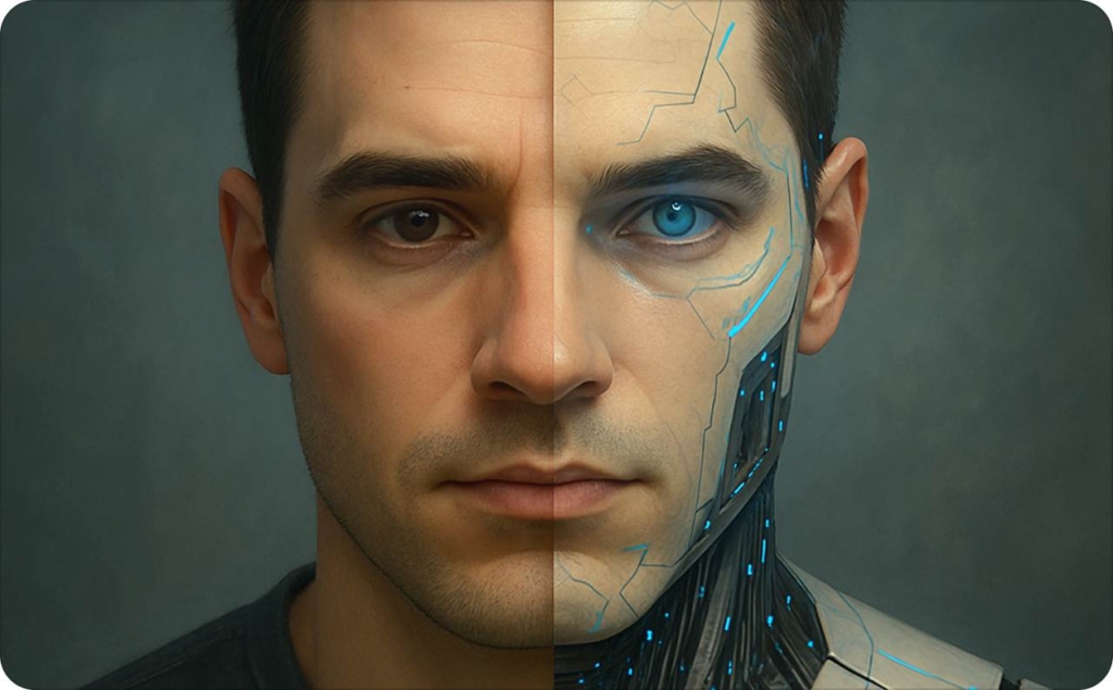 Man half-human halt-robot head
