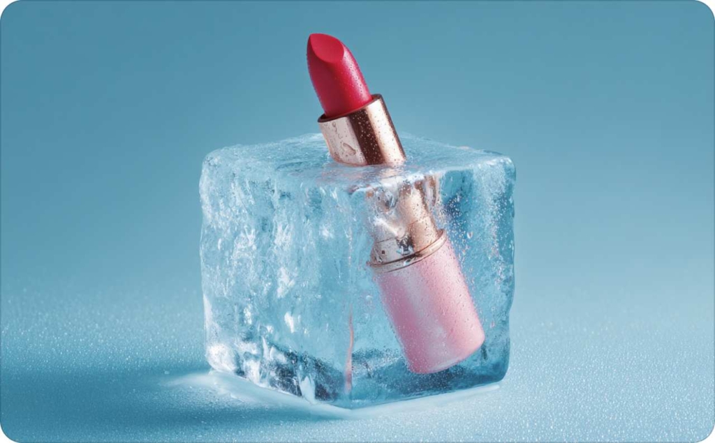 Red lipstick in ice cube