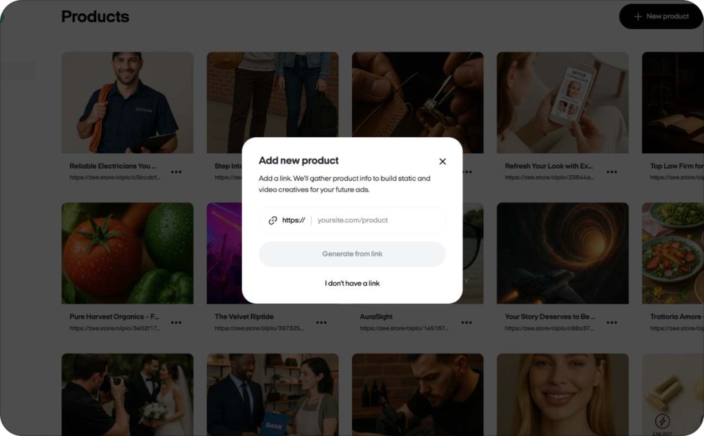 Screenshot of Zeely AI when adding products via link
