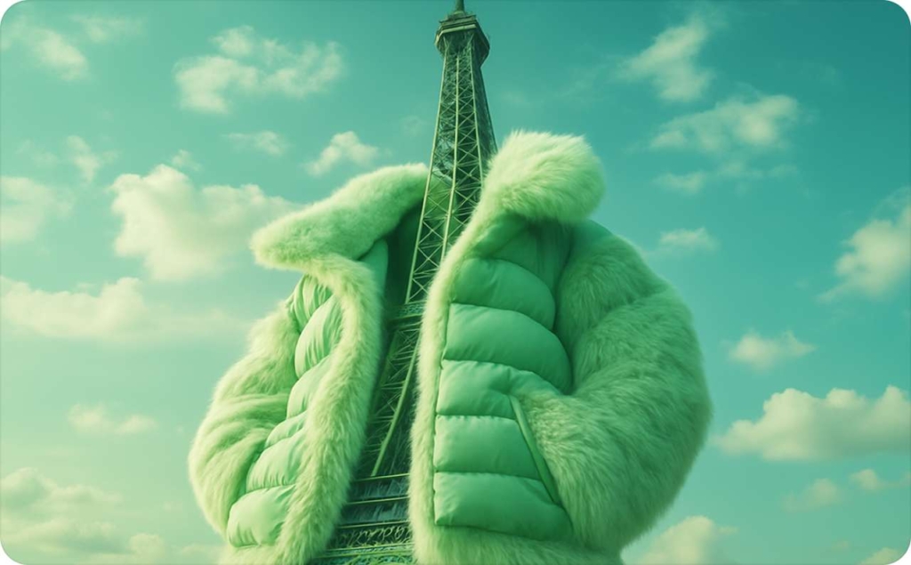 Eiffel Tower wearing green fur coat