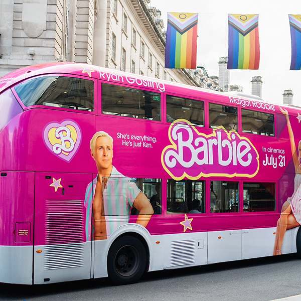 Barbie movie bus advertising 