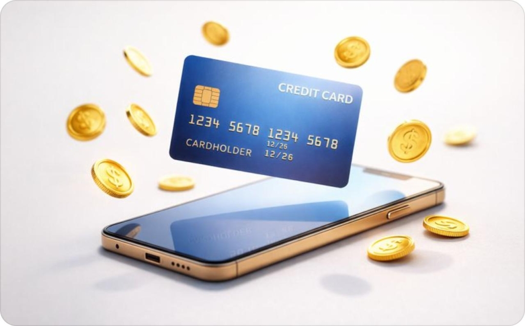 Floating credit card above a smartphone with gold coins in motion on a light background, representing digital payments and financial services ads.