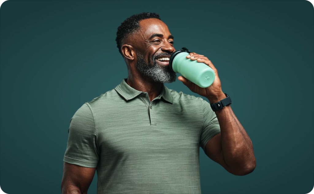 Man in green T-shirt drinking from water bottle on green background