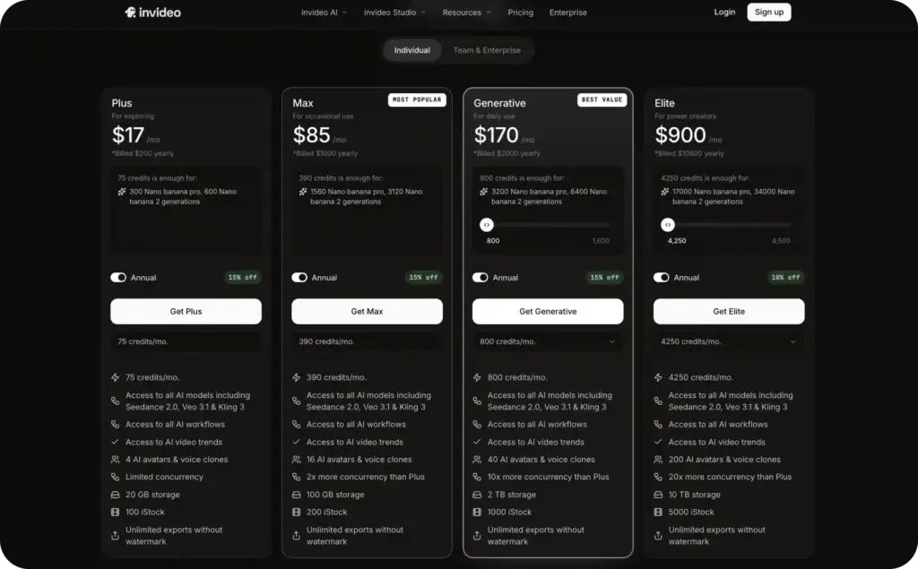 InVideo pricing page