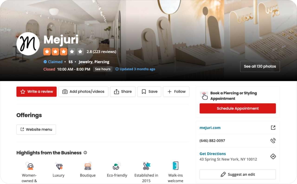 Mejuri page on Yelp