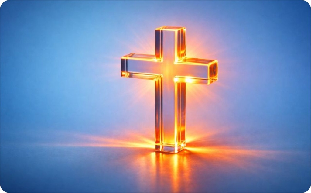 Transparent glass cross sculpture glowing with warm orange light on a soft blue background, symbolizing faith and modern church ads.