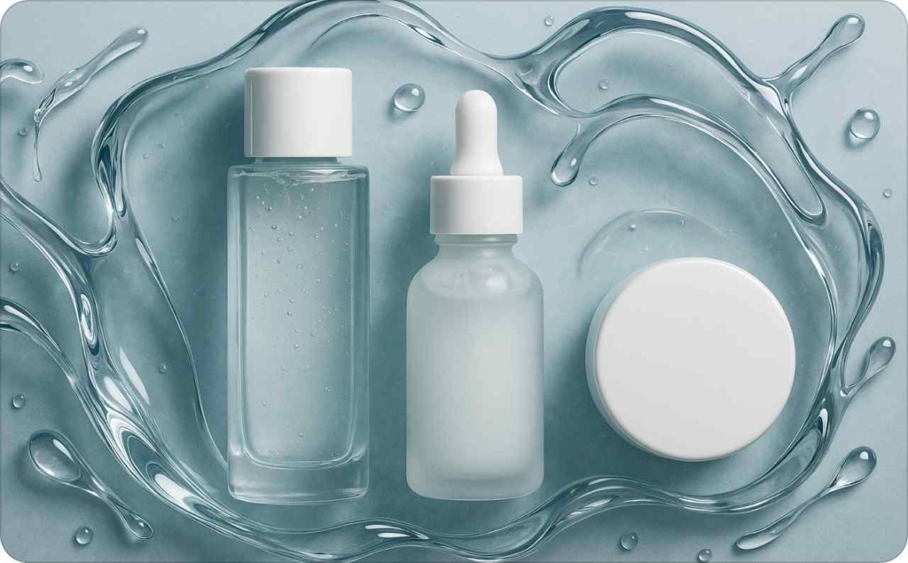 3D images of skin care products on blues background with water splashes