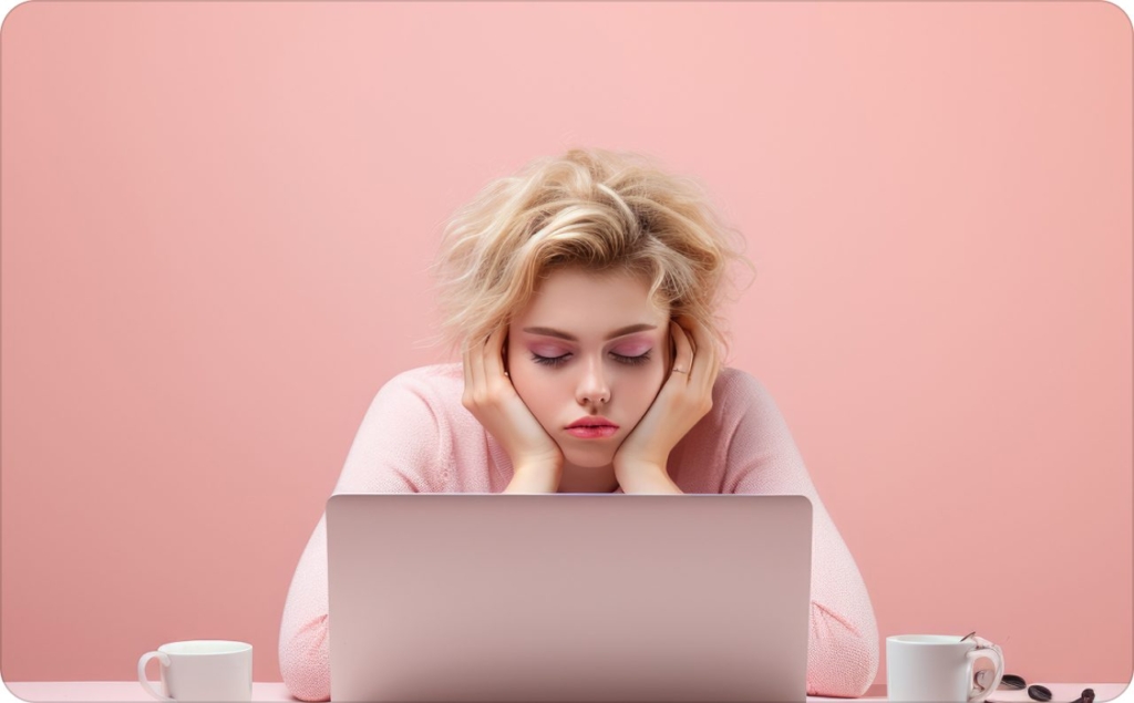 Stressed woman sitting at desk holding her head her hands against pink