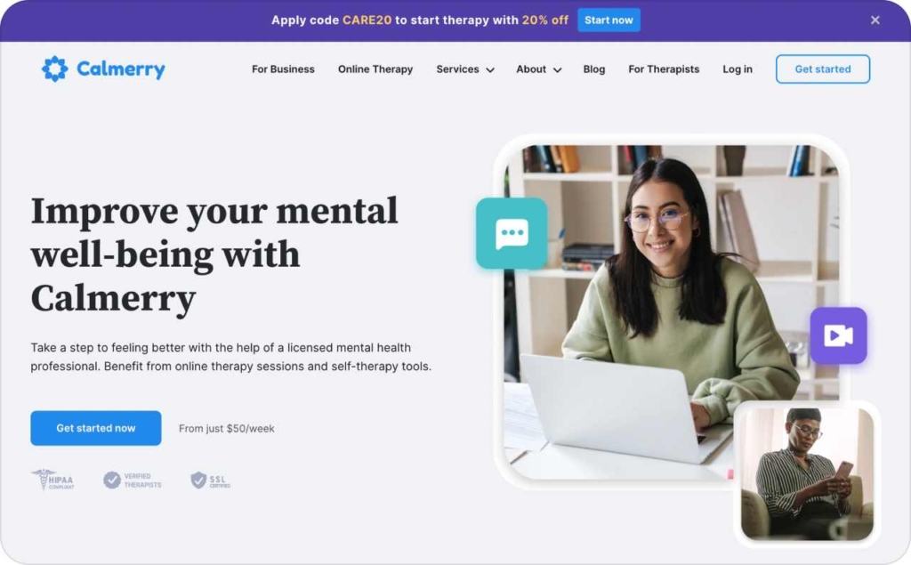 Landing page of Calmerry